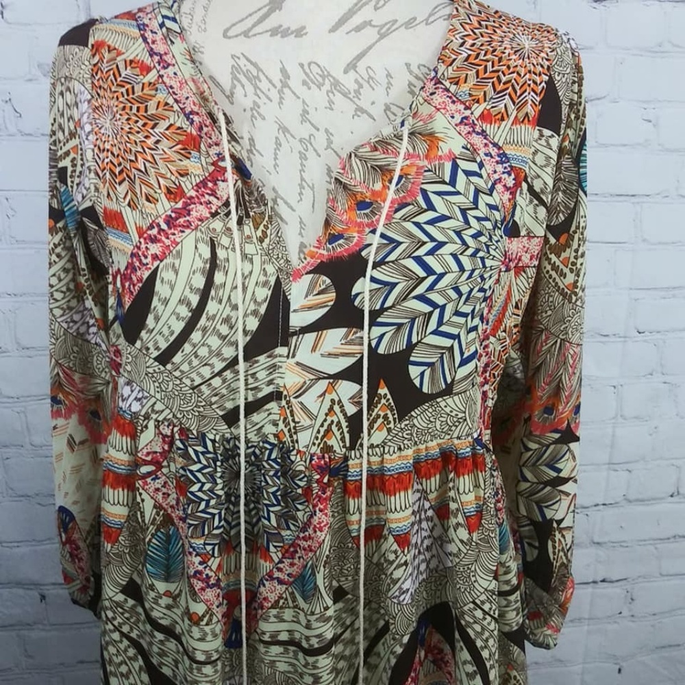 Umgee Boho Feather Print Baby Doll Dress Tunic Med - Picture 8 of 8